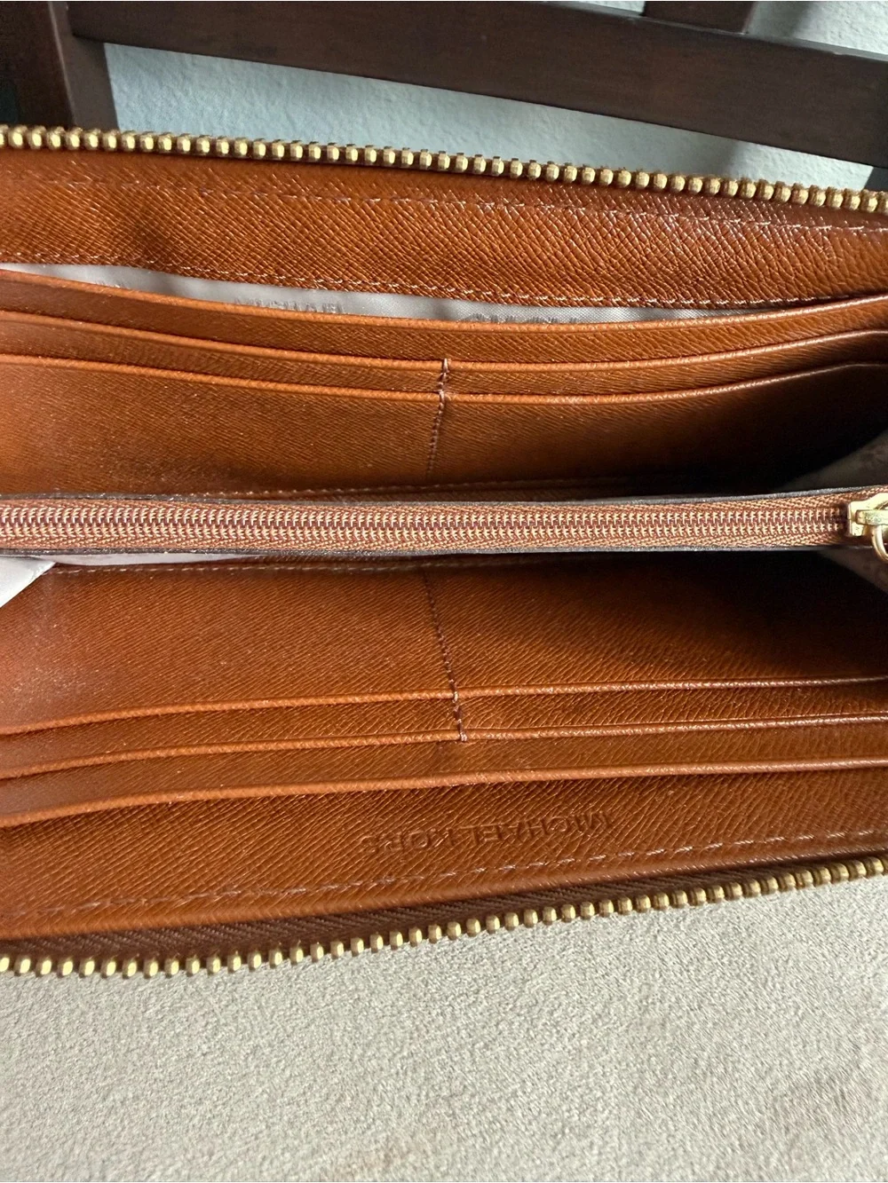 Michael Kors Cognac Leather Zip-Around Wallet with Gold Plaque